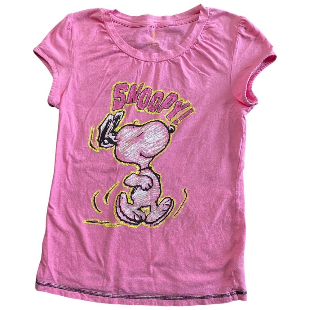 Vtg y2k 00s pink yellow snoopy cap sleeve cotton youth size L women’s size S